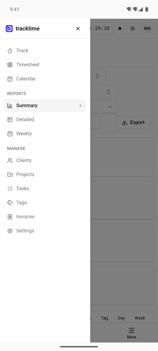 The Track Your Time menu on a phone, with timesheet, calendar and invoices