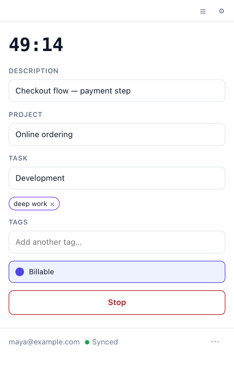 The Track Your Time extension popup with a timer running